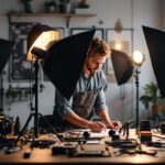 A photograph of a well-lit workspace featuring various types of lighting equipment and tools