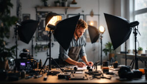 A photograph of a well-lit workspace featuring various types of lighting equipment and tools