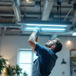 A photograph of a well-lit workspace featuring a lighting contractor expertly installing or adjusting a modern fluorescent light fixture