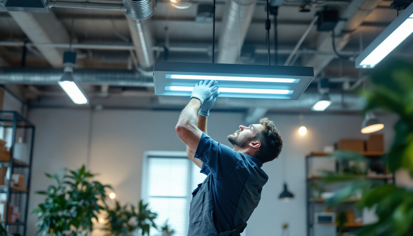 A photograph of a well-lit workspace featuring a lighting contractor expertly installing or adjusting a modern fluorescent light fixture