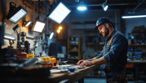 A photograph of a well-lit workshop or garage showcasing various led shop lights in action