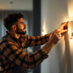 A photograph of a lighting contractor expertly installing a dimmer switch in a stylishly designed room
