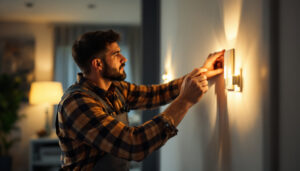 A photograph of a lighting contractor expertly installing a dimmer switch in a stylishly designed room