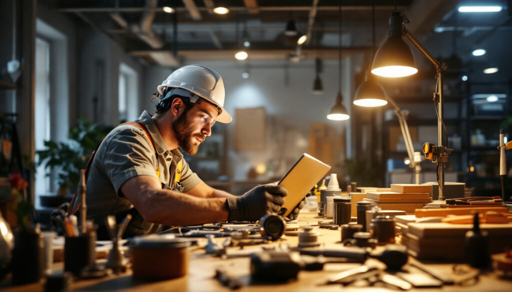 A photograph of a lighting contractor actively engaged in a project