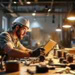 A photograph of a lighting contractor actively engaged in a project
