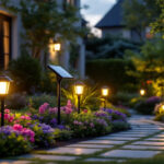 A photograph of a well-lit outdoor scene featuring a solar light kit installed in a beautifully landscaped garden