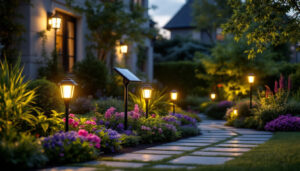 A photograph of a well-lit outdoor scene featuring a solar light kit installed in a beautifully landscaped garden