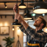 A photograph of a skilled lighting contractor expertly installing or adjusting modern lighting fixtures in a well-lit