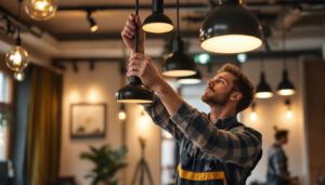 A photograph of a skilled lighting contractor expertly installing or adjusting modern lighting fixtures in a well-lit
