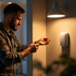 A photograph of a lighting contractor installing a light motion sensor in a residential setting