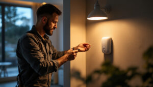 A photograph of a lighting contractor installing a light motion sensor in a residential setting