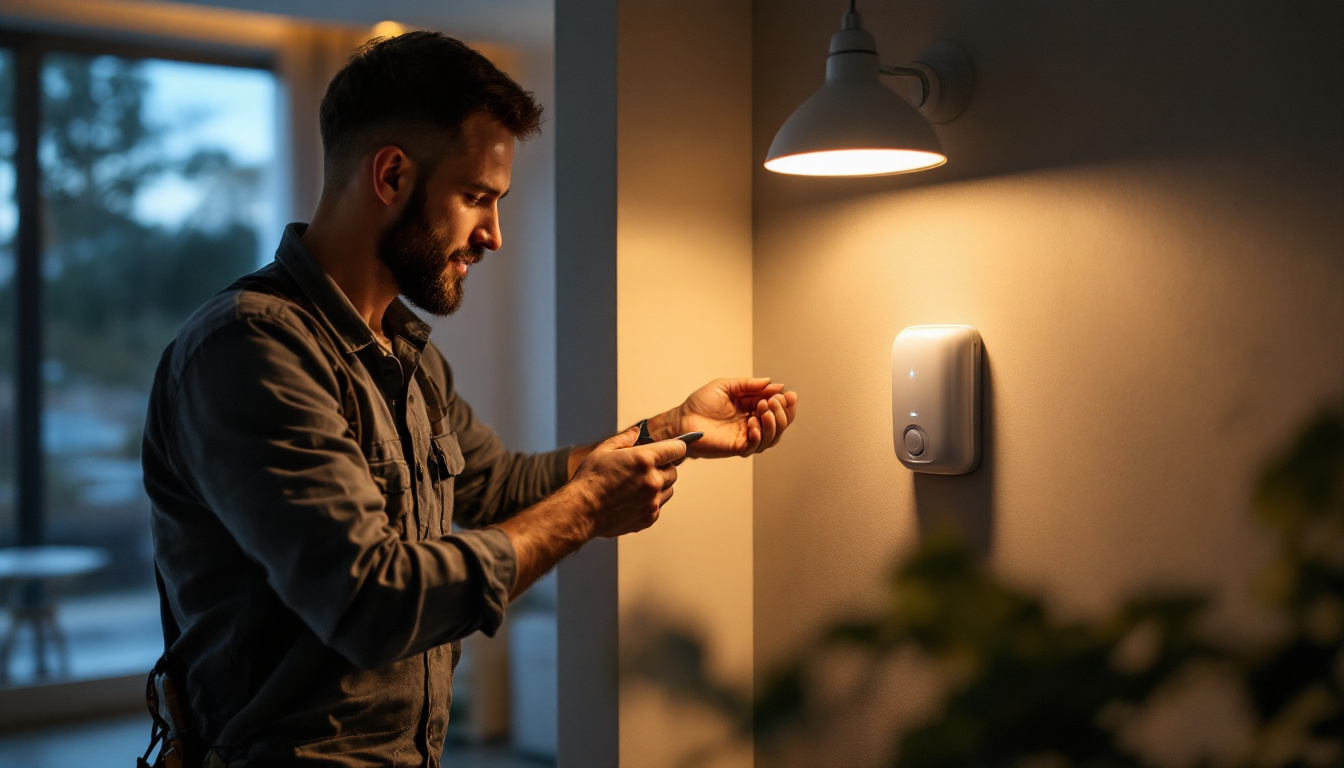 A photograph of a lighting contractor installing a light motion sensor in a residential setting