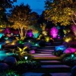 A photograph of a beautifully illuminated outdoor landscape featuring led lighting installations