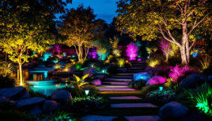 A photograph of a beautifully illuminated outdoor landscape featuring led lighting installations