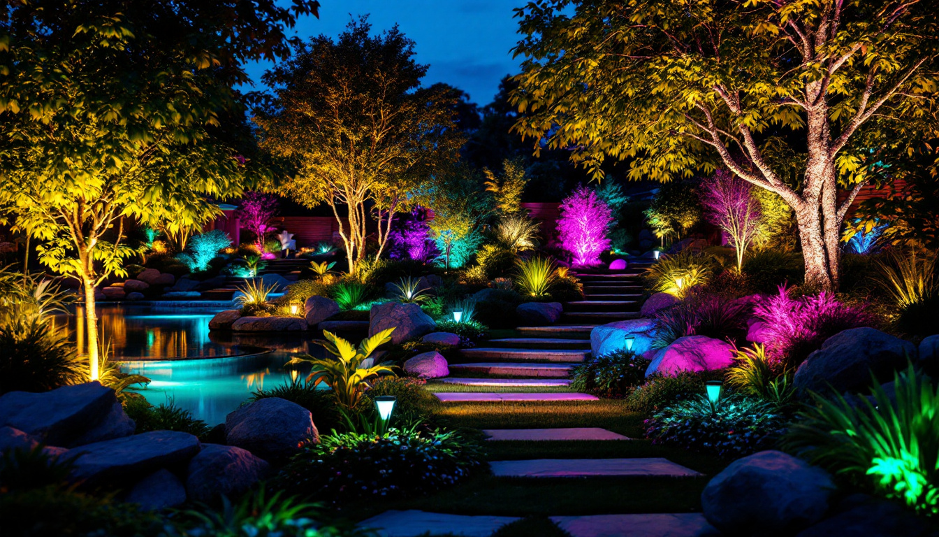 A photograph of a beautifully illuminated outdoor landscape featuring led lighting installations