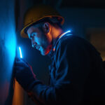 A photograph of a lighting contractor using a bright led neck light while working on a project in a dimly lit environment