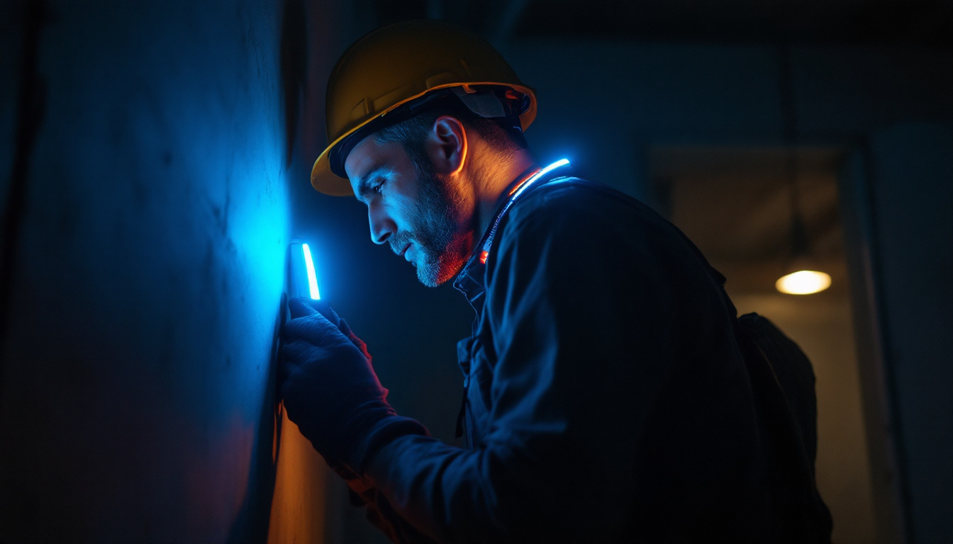 A photograph of a lighting contractor using a bright led neck light while working on a project in a dimly lit environment