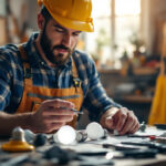 A photograph of a lighting contractor examining a variety of light bulbs specifically designed for recessed lighting