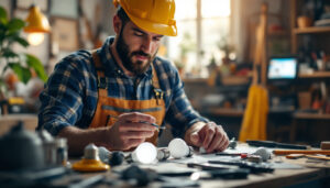 A photograph of a lighting contractor examining a variety of light bulbs specifically designed for recessed lighting