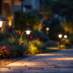 A photograph of a beautifully lit outdoor space featuring stylish solar lights illuminating pathways