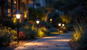 A photograph of a beautifully lit outdoor space featuring stylish solar lights illuminating pathways