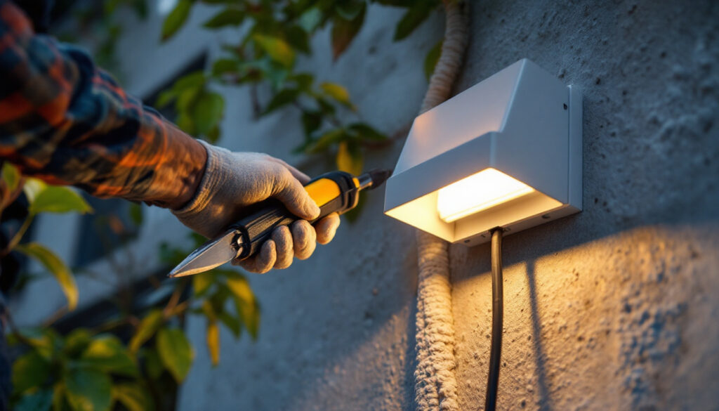 A photograph of a lighting contractor installing a weatherproof box cover on an outdoor electrical fixture