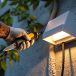 A photograph of a lighting contractor installing a weatherproof box cover on an outdoor electrical fixture