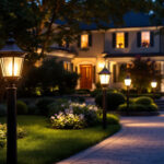 A photograph of a beautifully illuminated driveway featuring elegant post lanterns