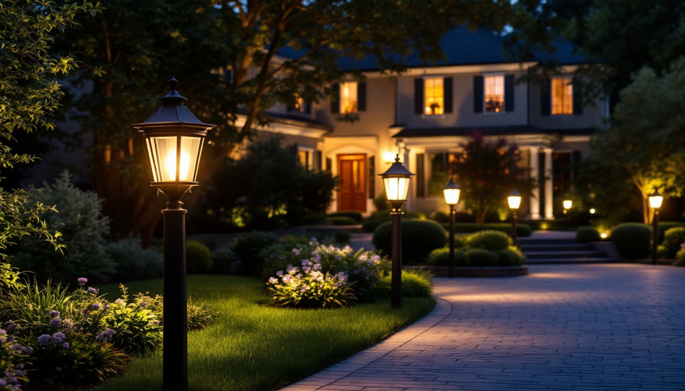 A photograph of a beautifully illuminated driveway featuring elegant post lanterns