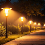 A photograph of a beautifully illuminated outdoor space featuring bright solar-powered lights in various designs
