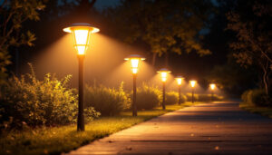 A photograph of a beautifully illuminated outdoor space featuring bright solar-powered lights in various designs