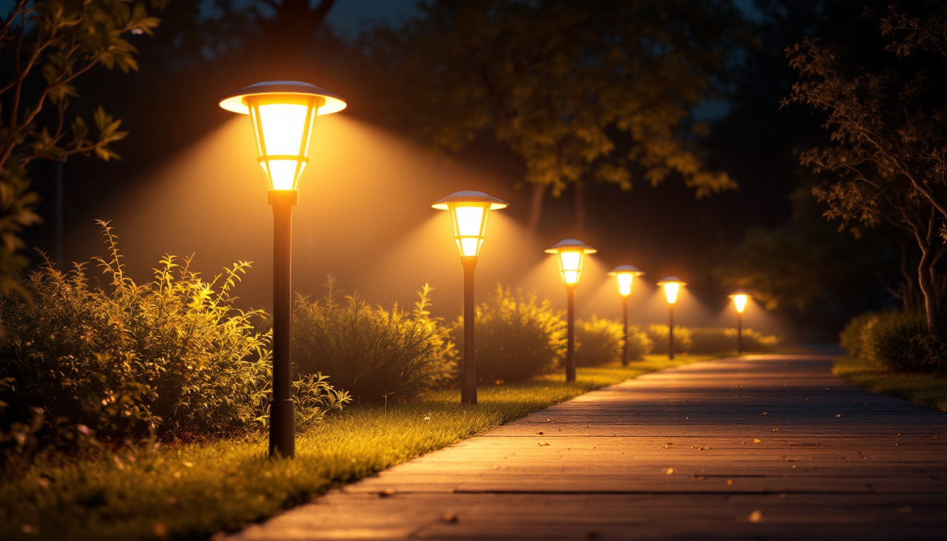 A photograph of a beautifully illuminated outdoor space featuring bright solar-powered lights in various designs