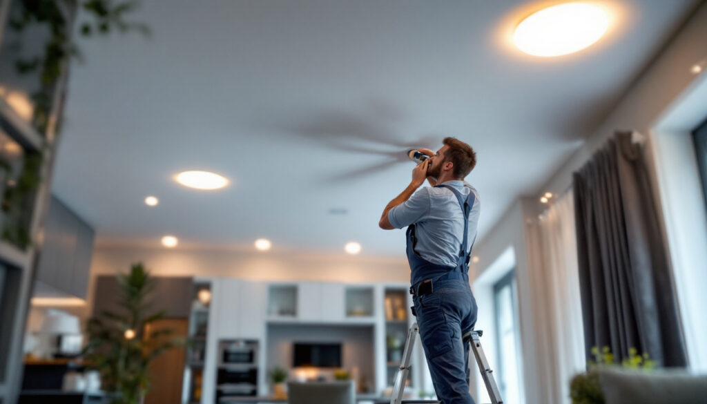 A photograph of a lighting contractor installing ic rated recessed lights in a modern home setting