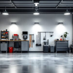 A photograph of a well-lit garage featuring stylish flush mount lighting fixtures