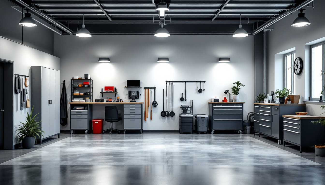A photograph of a well-lit garage featuring stylish flush mount lighting fixtures