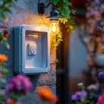 A photograph of a waterproof outdoor electrical box installed in a vibrant garden setting