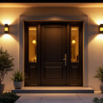 A photograph of a beautifully illuminated outdoor front door featuring stylish and modern lighting fixtures