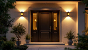 A photograph of a beautifully illuminated outdoor front door featuring stylish and modern lighting fixtures