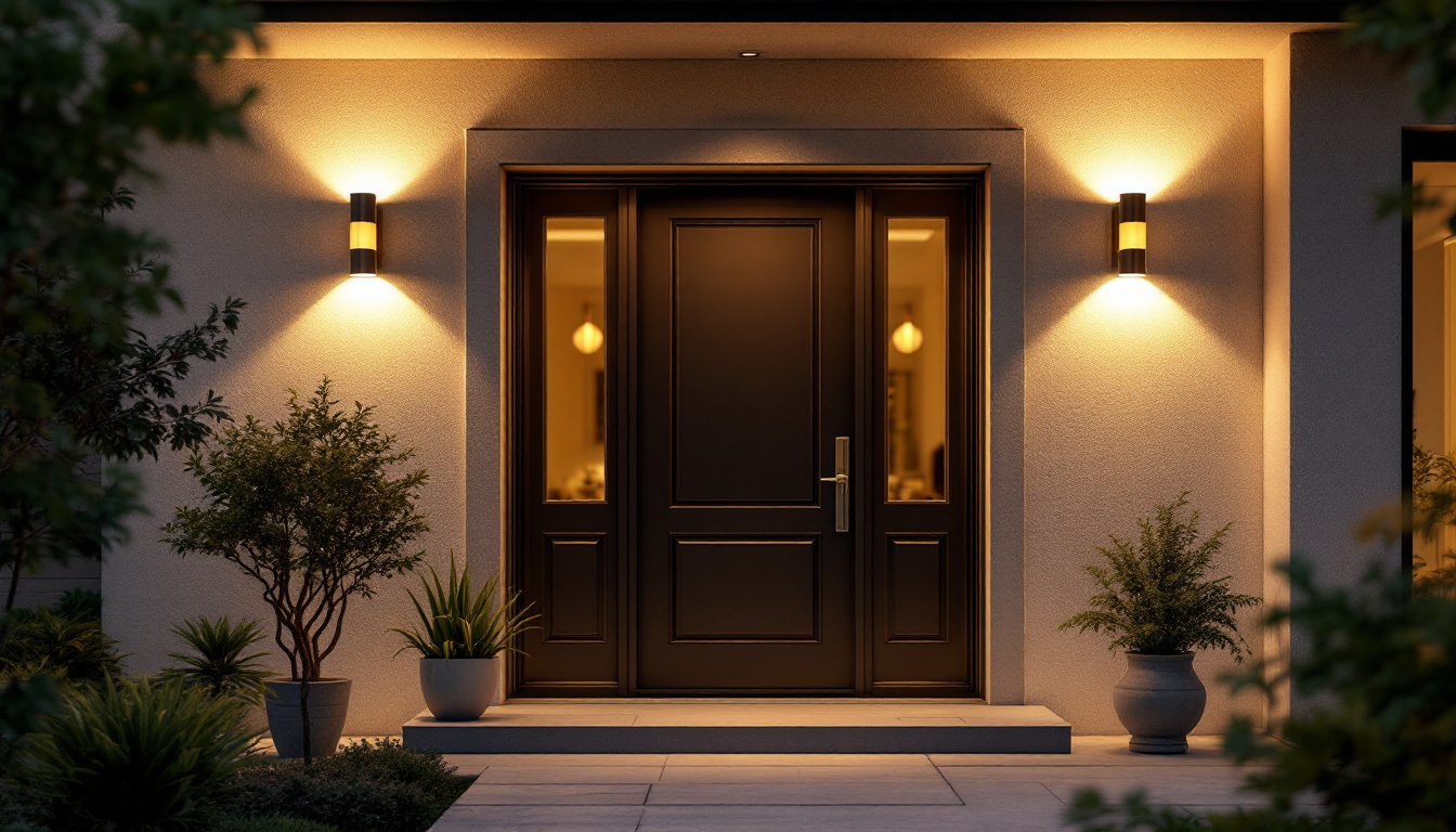 A photograph of a beautifully illuminated outdoor front door featuring stylish and modern lighting fixtures