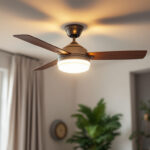 A photograph of a stylish ceiling fan with an integrated light kit installed in a beautifully designed room