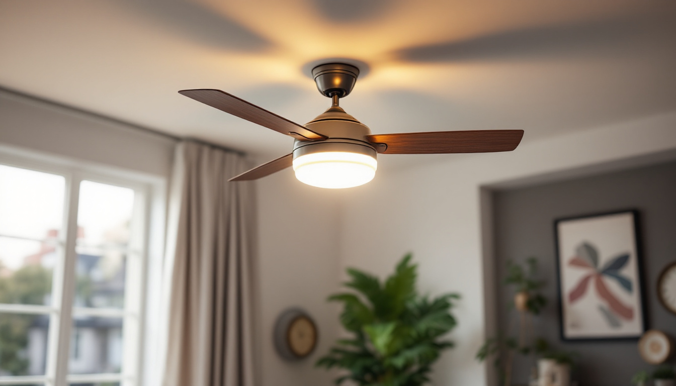 A photograph of a stylish ceiling fan with an integrated light kit installed in a beautifully designed room