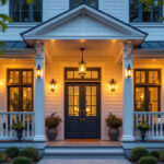 A photograph of a beautifully designed exterior porch with stylish ceiling lights illuminating the space