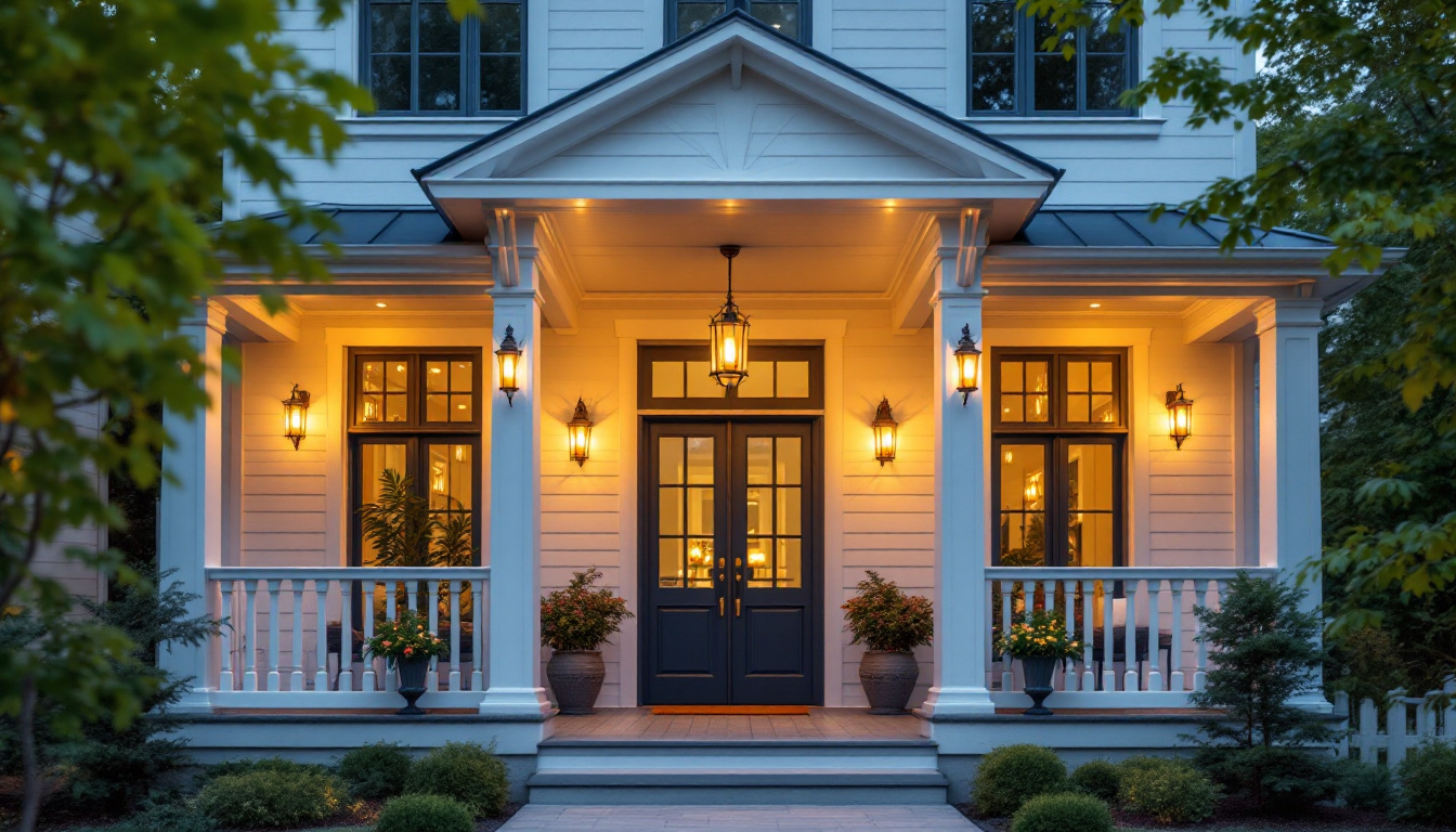 A photograph of a beautifully designed exterior porch with stylish ceiling lights illuminating the space