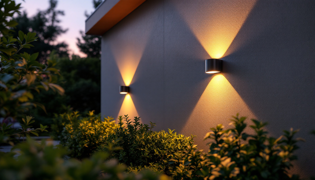 A photograph of a beautifully illuminated outdoor space featuring solar-powered wall lights installed on a stylish exterior wall