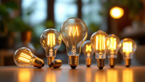A photograph of a variety of b type light bulbs displayed in an aesthetically pleasing arrangement