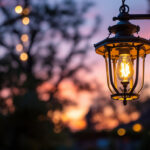 A photograph of a beautifully designed hanging outdoor lamp illuminated at dusk