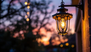 A photograph of a beautifully designed hanging outdoor lamp illuminated at dusk