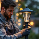 A photograph of a lighting contractor installing or adjusting a stylish post top light in an outdoor setting