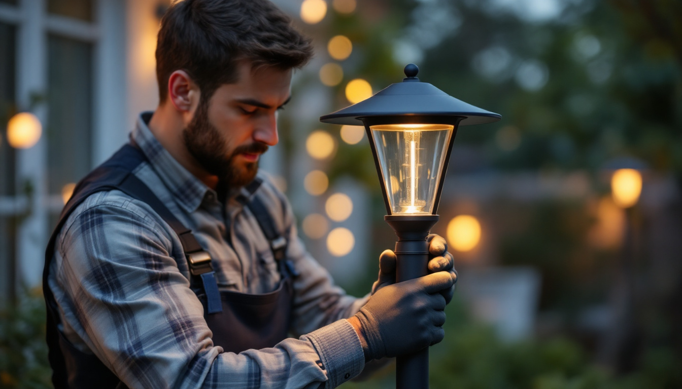 A photograph of a lighting contractor installing or adjusting a stylish post top light in an outdoor setting