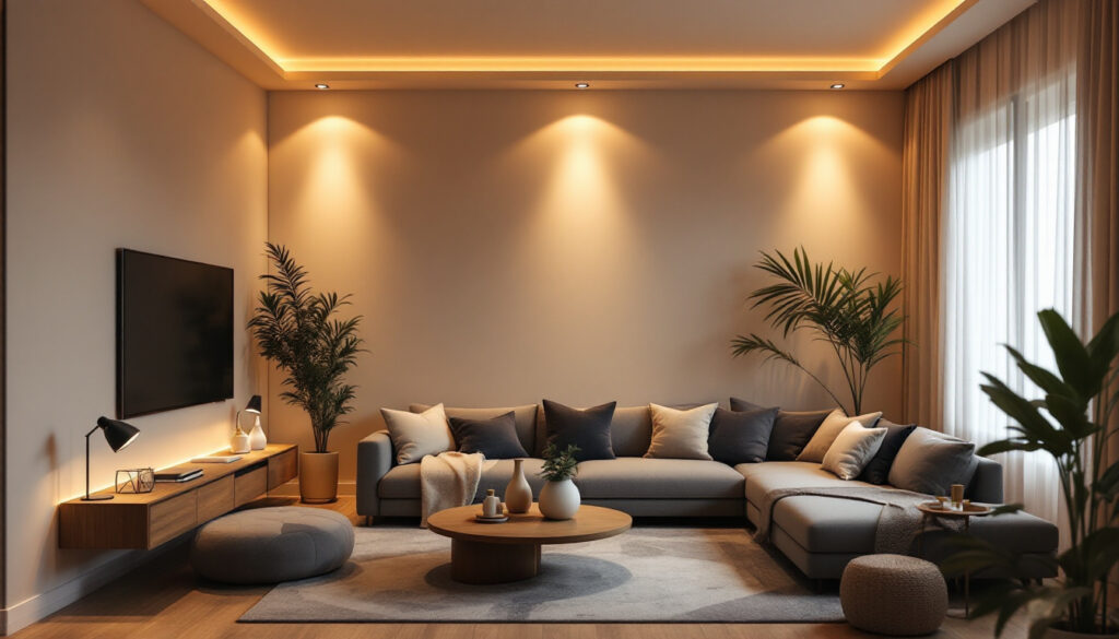 A photograph of a beautifully designed living space featuring recessed pot lights